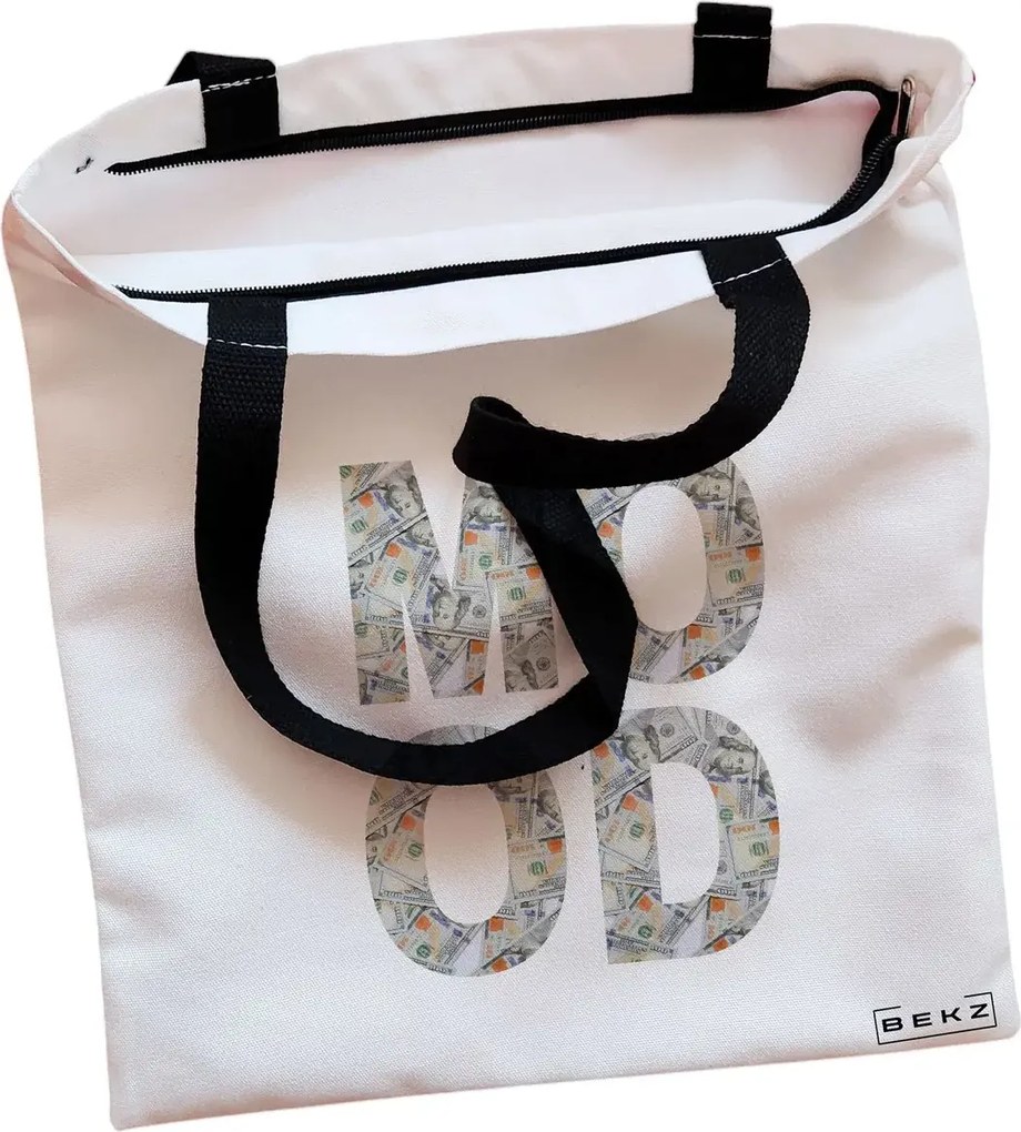 Sacosa de Panza pentru Cumparaturi, Geanta Tote, model Money Mood, Cu fermoar, 38x34.5 cm, Alba, BEKZ®