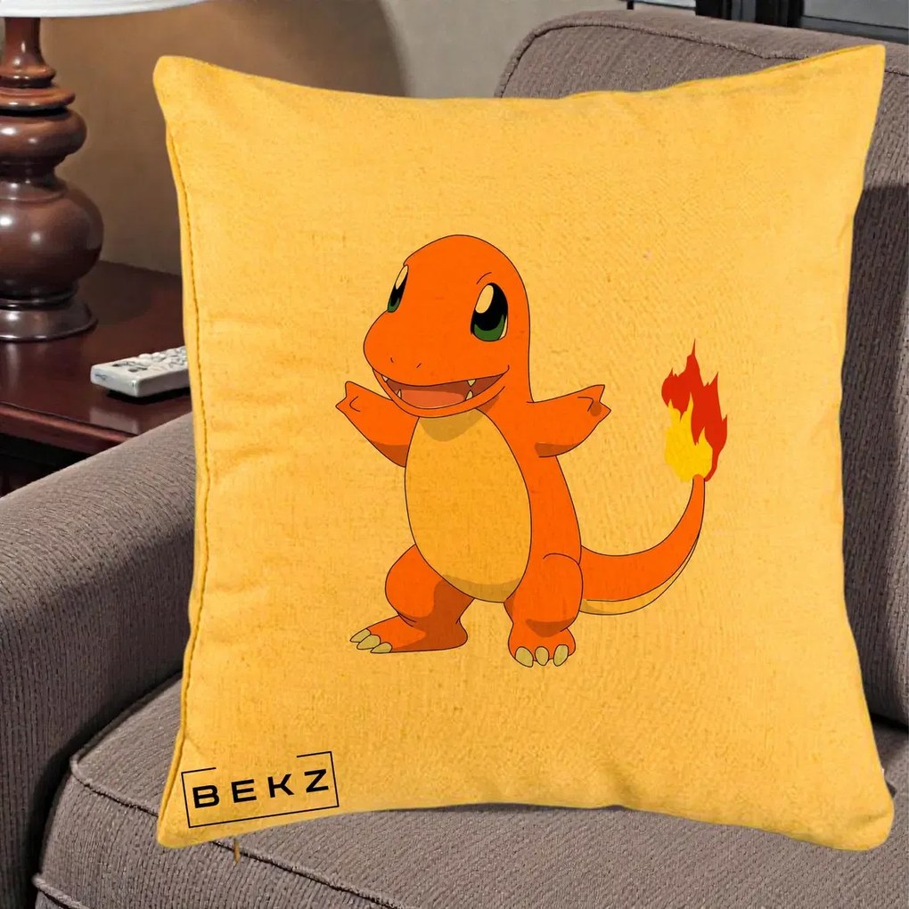 Perna Personalizata Charmander Pokemon, 40x40 cm, Galben, Husa Detasabila, Perna Inclusa, BEKZ®