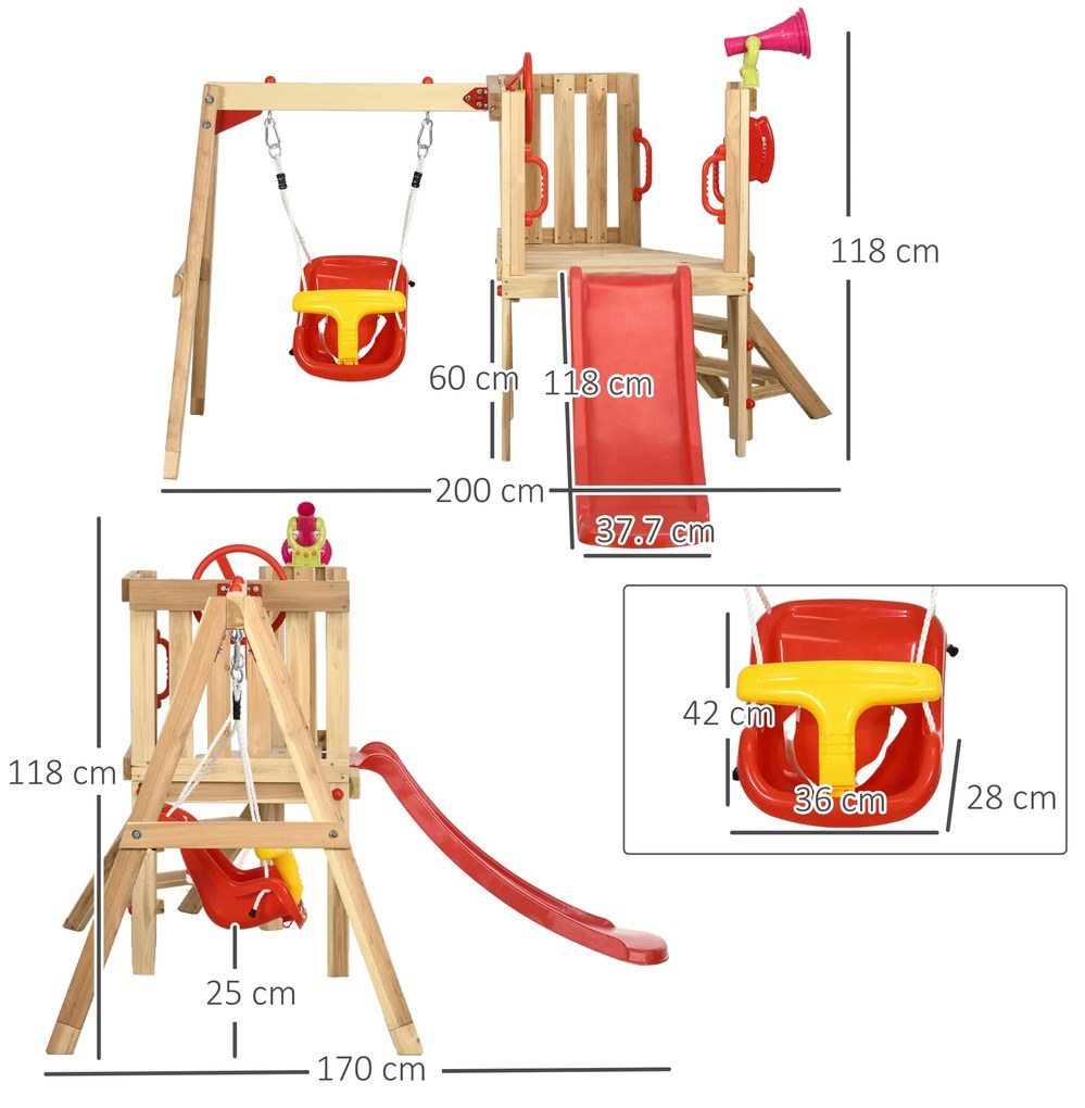 Outsunny Set de leagan si tobogan 4 in 1, Set de leagan pentru copii cu scaun de leagan, tobogan, volan, claxon