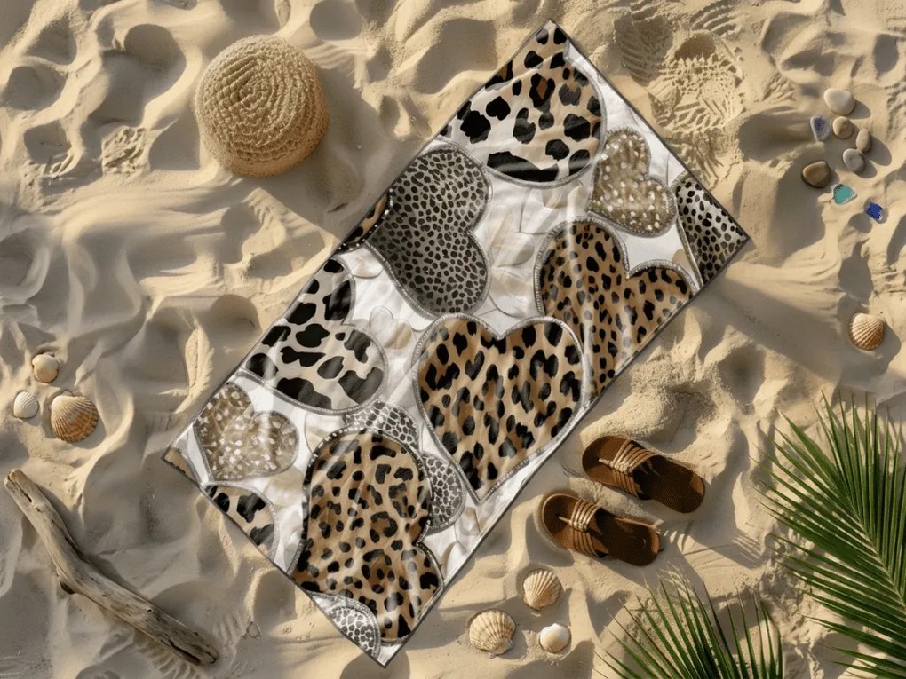 Prosop de plaja cu uscare rapida LEOPARD HEARTS maro-alb 70 x 140 cm, 100% microfibra