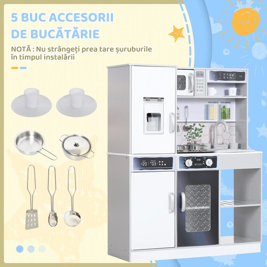 AIYAPLAY Set de Bucătărie de Jucărie din Lemn cu Aragaz cu Lumini și Sunete, Chiuvetă cu Circulație a Apei și Accesorii, Alb | Aosom Romania