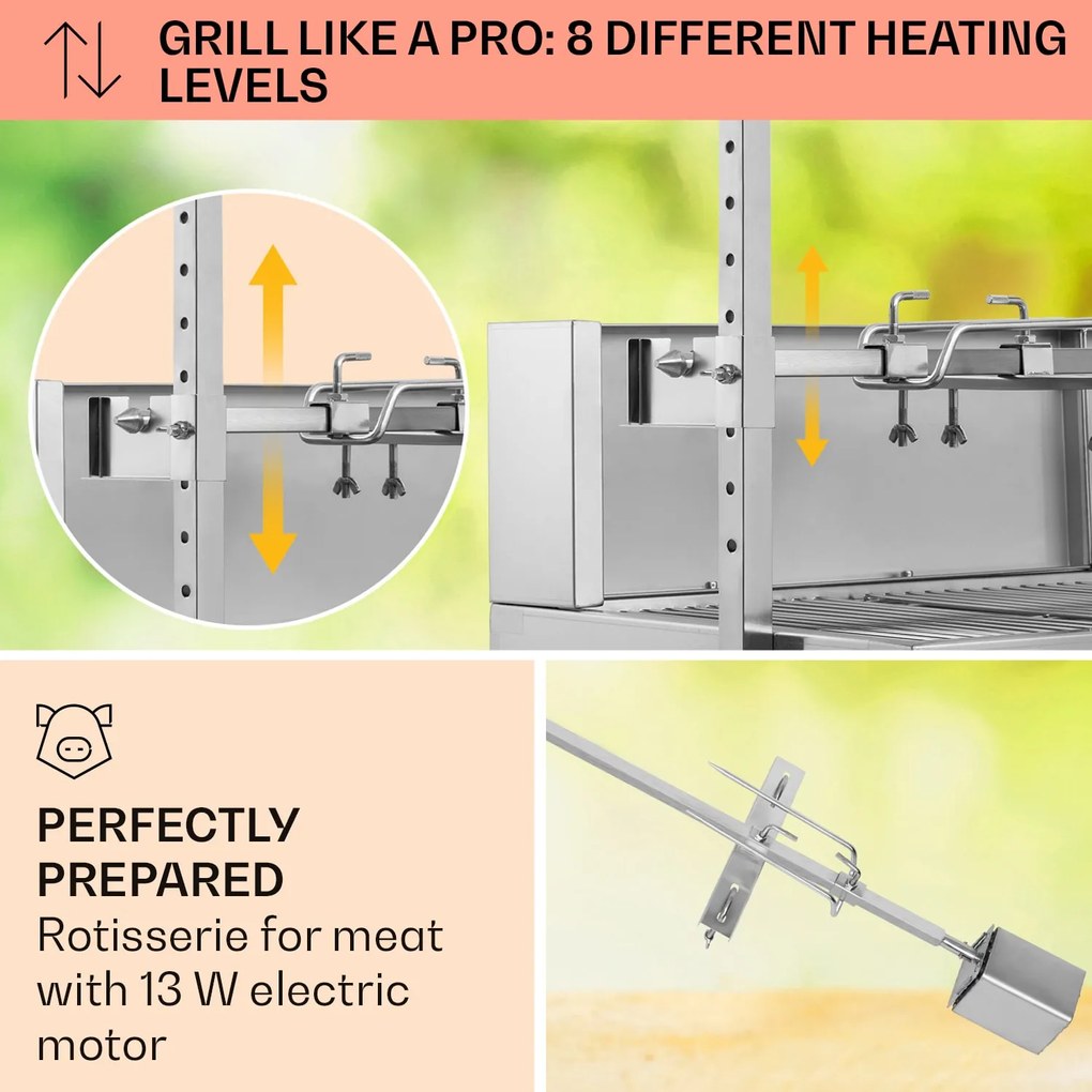 Sauenland Pro, grătar pentru prepararea porcușorilor, 13 W, 4 roți, oțel inoxidabil