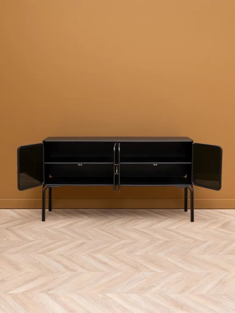 Consolă hol în stil eclectic, din metal și sticlă, negru, cu 4 uși din sticlă fumurie și mânere aurii, 82 x 138 x 38 cm, „Ashbury”