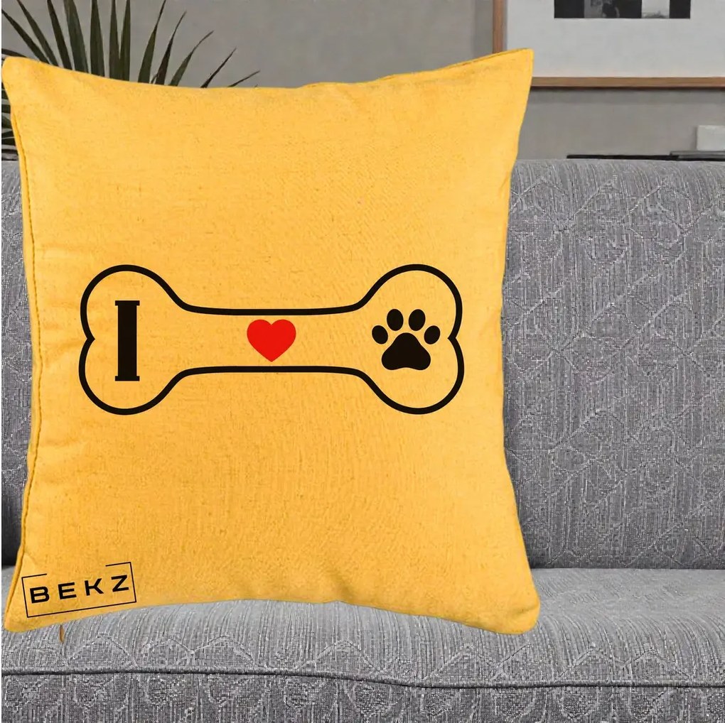 Perna Personalizata I Love Dog Os si Labuta, 40x40 cm, Galben, Husa Detasabila, Perna Inclusa, BEKZ®