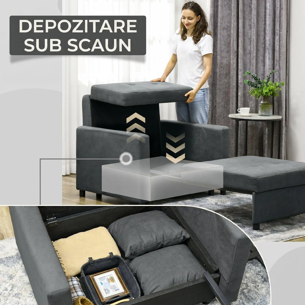 HOMCOM Fotoliu Tip Pat de O Persoană cu 2 Perne și Spațiu de Depozitare, Gri | Aosom Romania