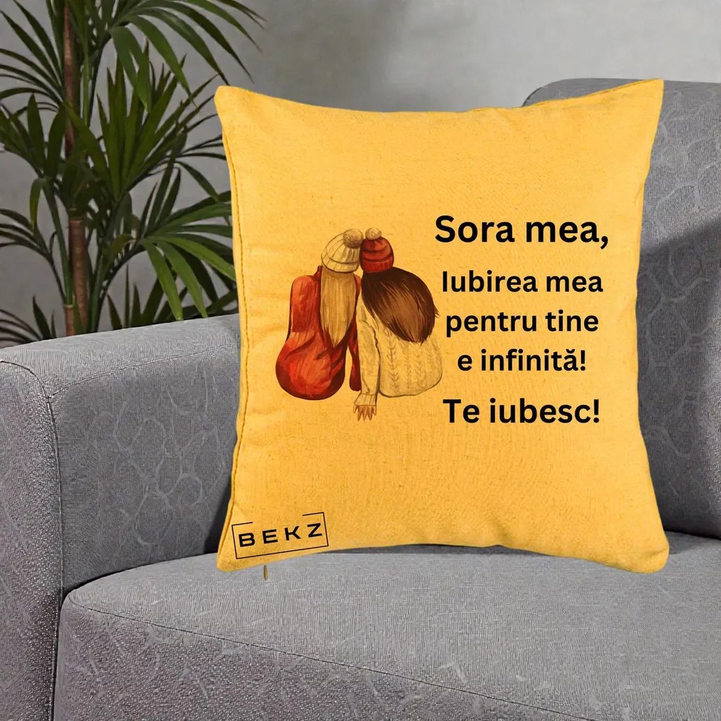Cadou pentru Sora - Perna Personalizata Sora Mea Te Iubesc Doua Fete Iarna Acuarela, 40x40 cm, Galben, Husa Detasabila, Perna Inclusa, BEKZ®