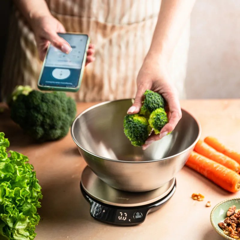 Cantar de bucatarie cu bol Klausberg KB 7939, 5 Kg, Bluetooth, Aplicatie mobila, LED, Tare, Lichide, 4 valori nutritive, Inox