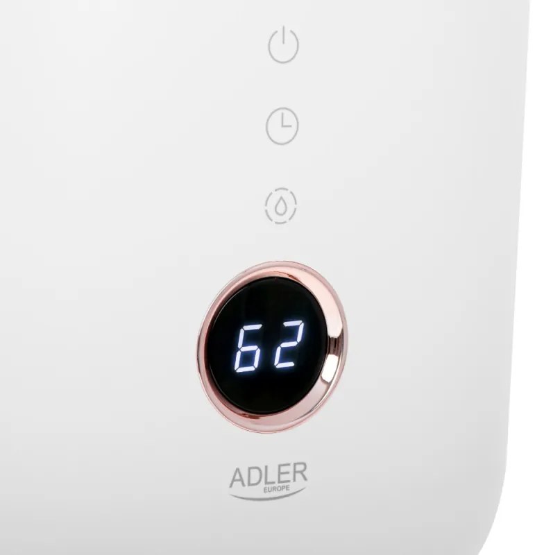 Umidificator de aer Adler AD 7972, Pana la 35m2, 4l, 150-300 ml/ora, Ultrasunete, Display LED, Higrometru, Timer, Alb