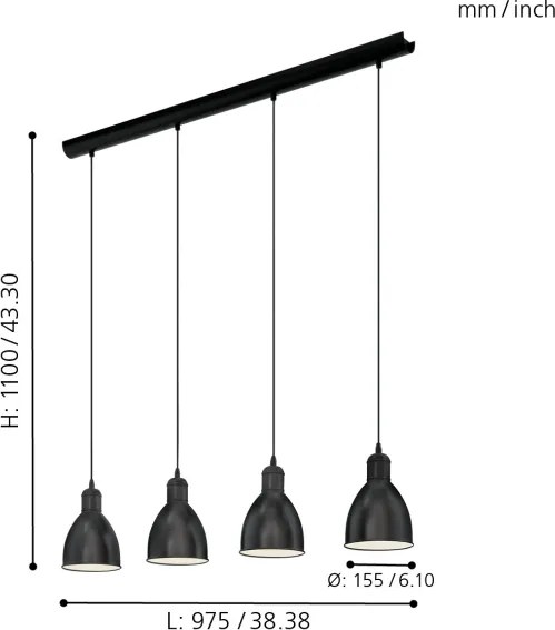 Eglo 55244 - Candelabru suspendat pe cablu PRIDDY 4xE27/60W/230V negru