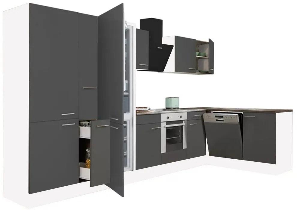 Dulap de bucătărie de colț Yorki 370, corp alb, față antracit satinat, element cuptor inferior, dulap cu raft, frigider congelator inferior