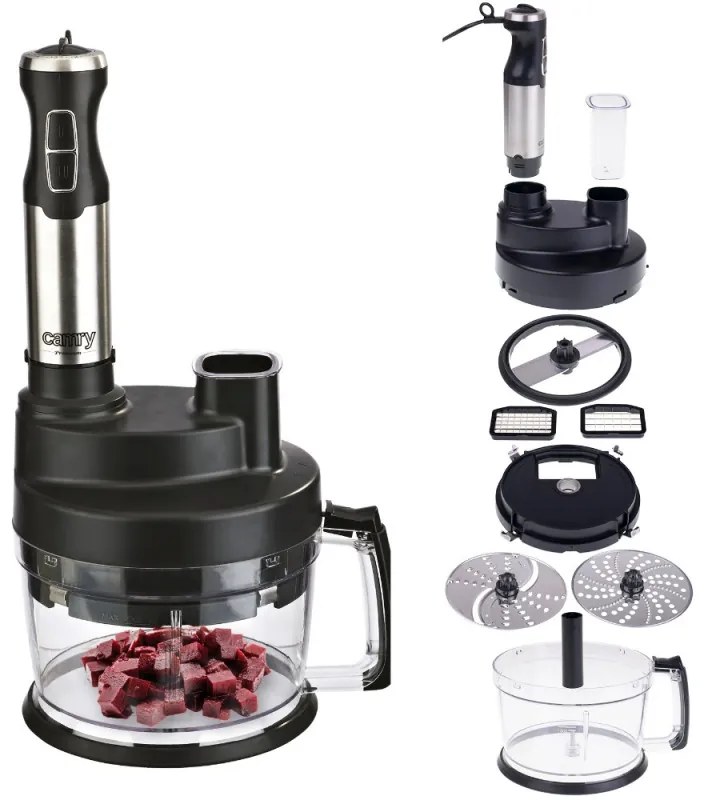 Robot de bucatarie 14 in 1 Camry CR 4623, 1600W, 2 l, Blender, Tocator, Accesorii, Turbo, Inox/Negru