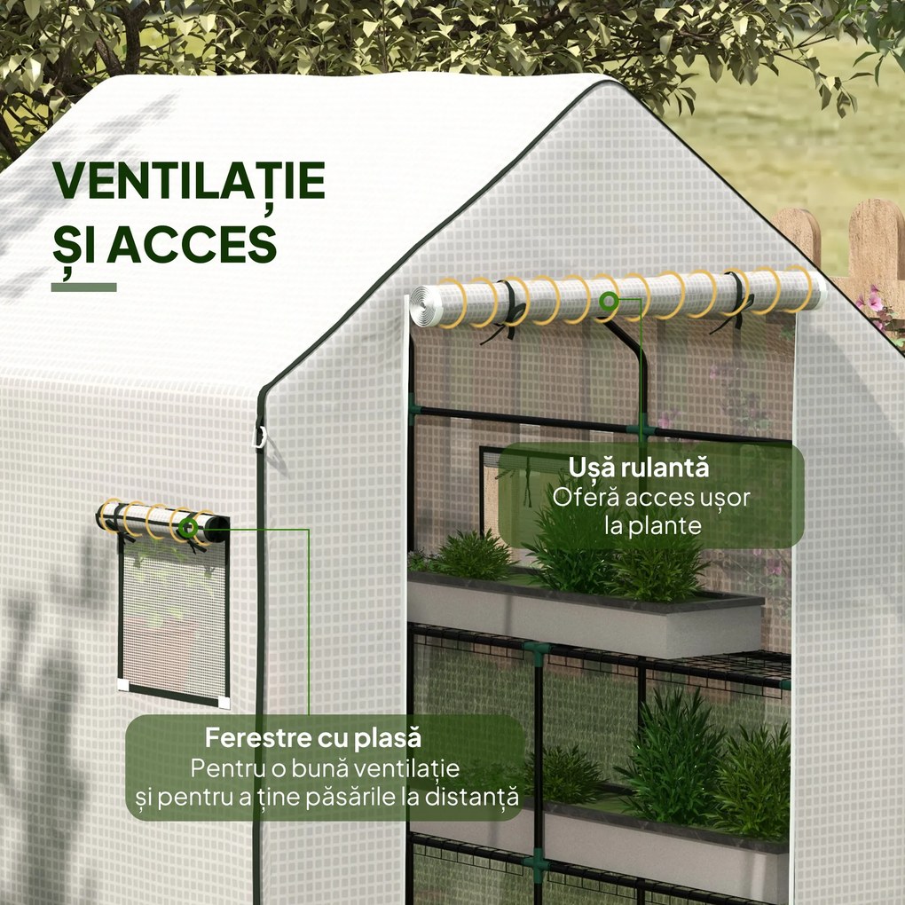 Outsunny Acoperiș de Înlocuire pentru Seră Walk-in din PE cu Ușă Rulabilă și Ferestre, 140 x 143 x 190cm, Alb | Aosom Romania