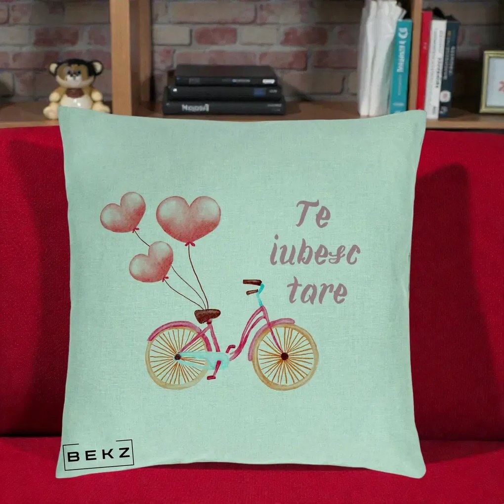 Perna Decorativa Te Iubesc Tare cu Bicicleta Roz si Baloane Inima, 40x40 cm, Verde Menta, Husa Detasabila, Perna Inclusa, BEKZ®