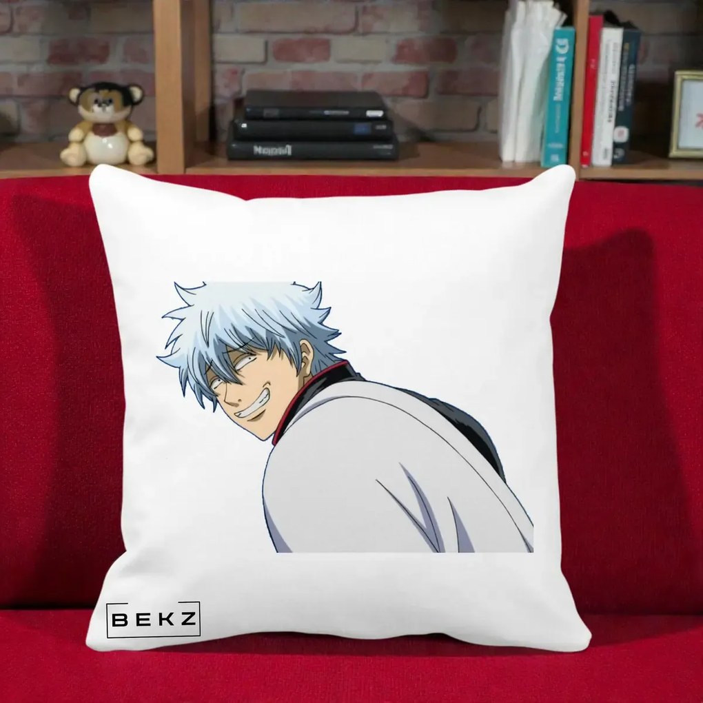 Perna Personalizata Gintama Gintoki Portret cu Zambet, 40x40 cm, Alba Mata, Husa Detasabila, Perna Inclusa, BEKZ®