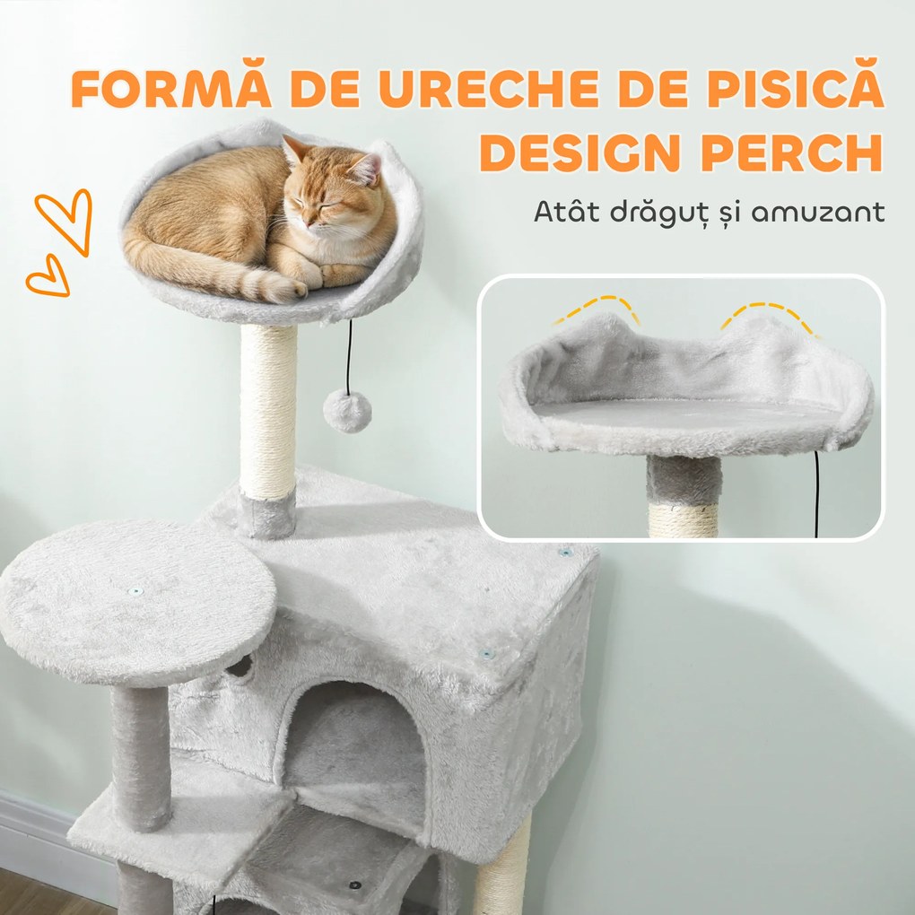 PawHut Arbore Zgâriător pentru Pisici Înalt de 140 cm cu 2 Căsuțe, Hamac, Pat și Stâlpi din Sisal, Gri | Aosom Romania