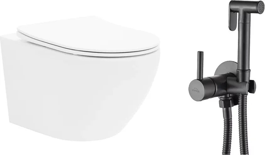 Pachet vas wc suspendat Rea Carlo Mini, capac softclose si set dus igiena intima negru cu baterie incastrata Invena Bidetta