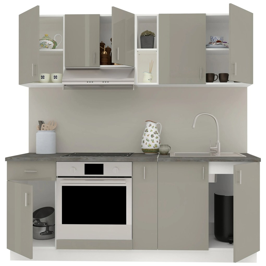 Set Bucatarie Karo V11, Gri Lucios/Alb, MDF, Blat Thermo 28 mm, L 200 cm