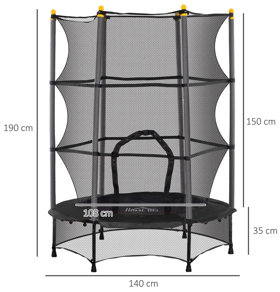 HOMCOM Trambulină Elastică pentru Copii 3-10 Ani cu Plasă de Siguranță și Țevi Capitonate, Ø140 x 190 cm, Negru | Aosom Romania