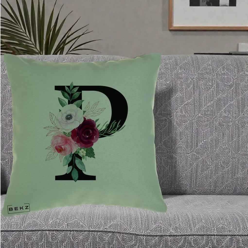 Cadou Personalizat - Perna Personalizata Monograma Florala Litera P, 40x40 cm, Verde, Husa Detasabila, Perna Inclusa, BEKZ®