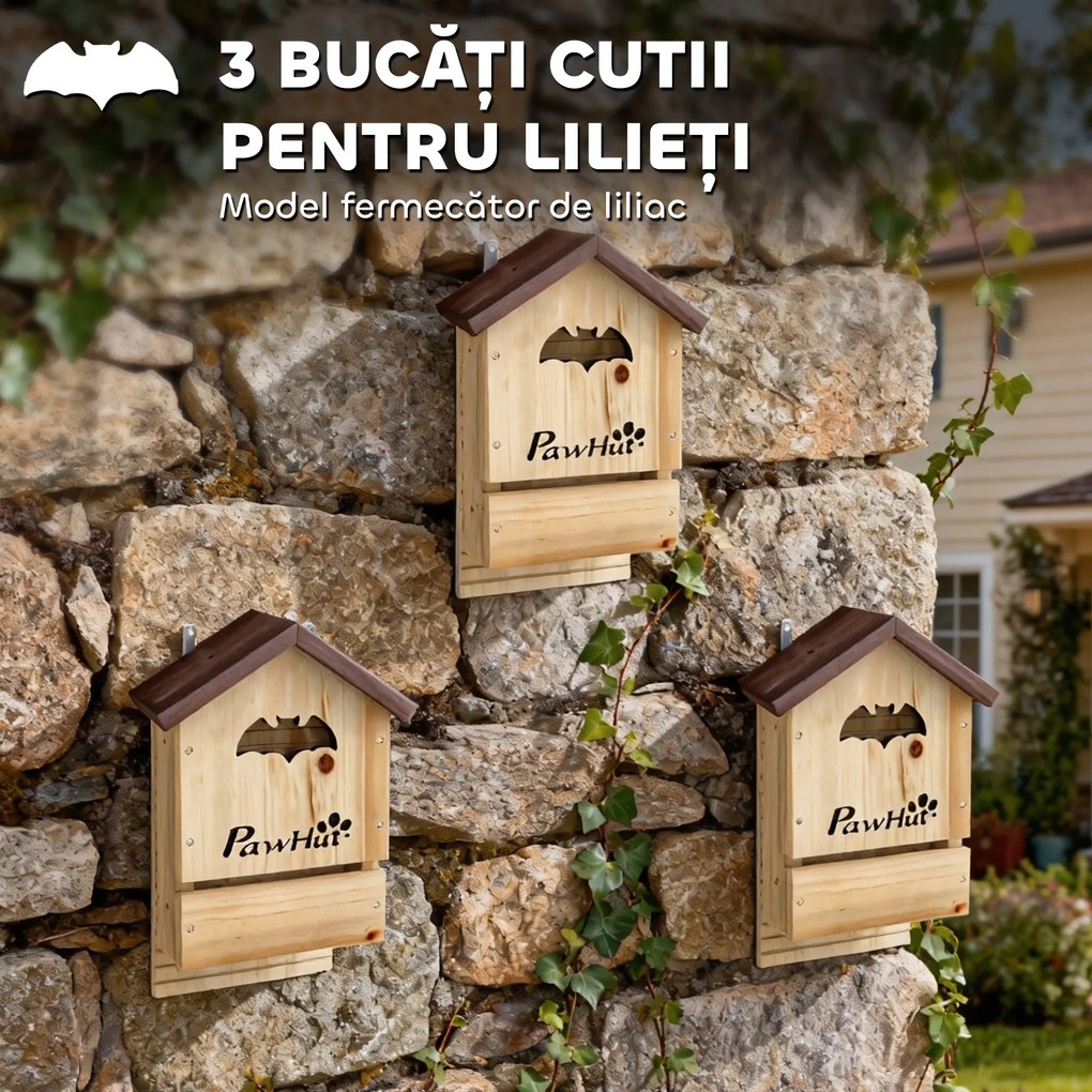 PawHut Set de 3 Căsuțe pentru Lilieci din Lemn de Brad, Adăpost pentru Lilieci pentru Grădină și Exterior, Ușor de Montat, 21.5x11.5x34 cm | Aosom Romania