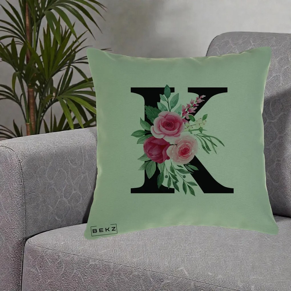 Cadou Personalizat - Perna Personalizata Monograma Florala Litera K, 40x40 cm, Verde, Husa Detasabila, Perna Inclusa, BEKZ®
