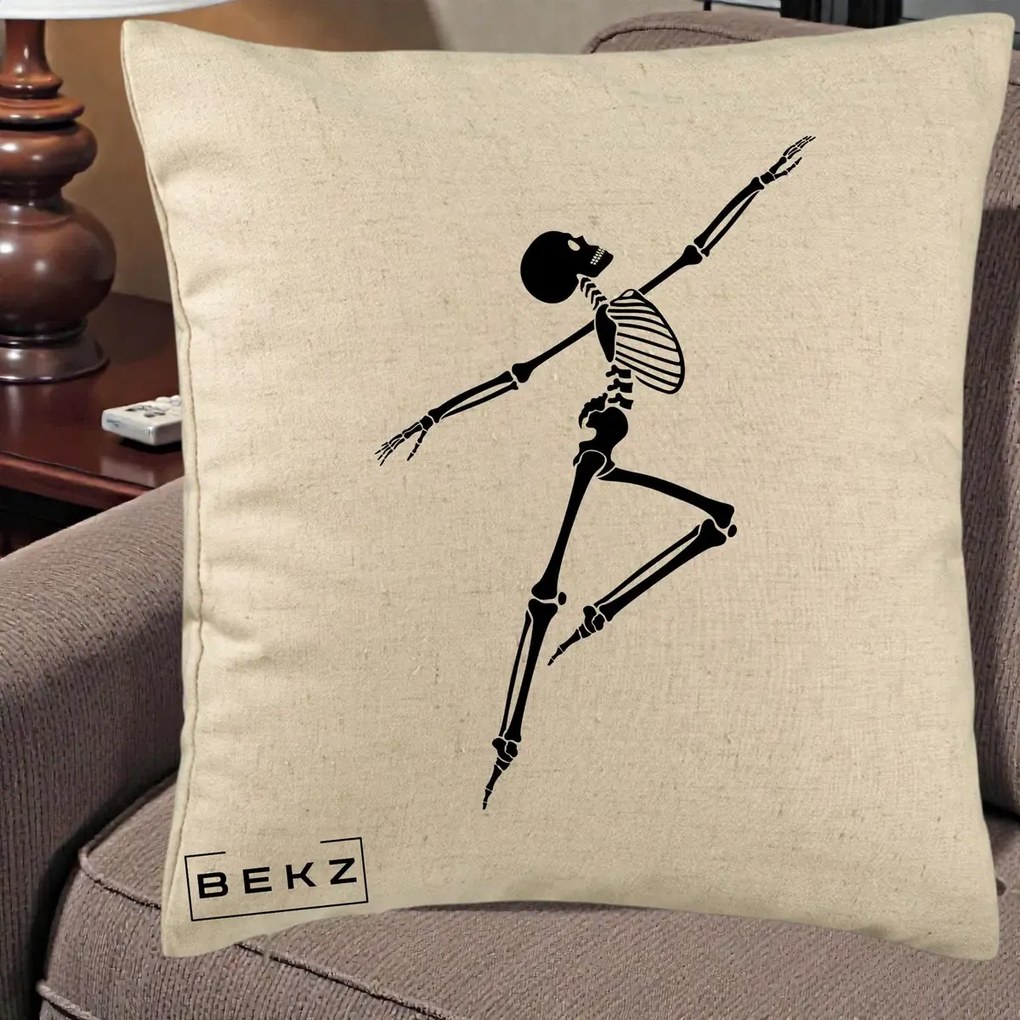 Perna Decorativa Schelet Dansator Silueta Neagra Halloween, 40x40 cm, Bej, Husa Detasabila, Perna Inclusa, BEKZ®