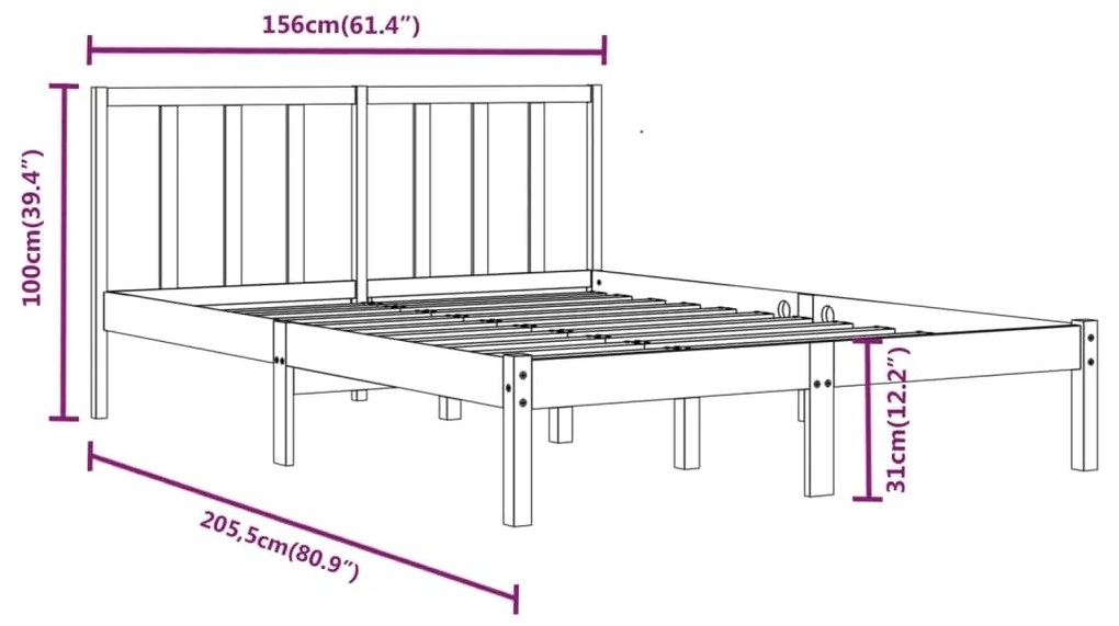 Cadru pat 5FT King Size, gri, 150x200 cm, lemn masiv de pin Gri, 150 x 200 cm