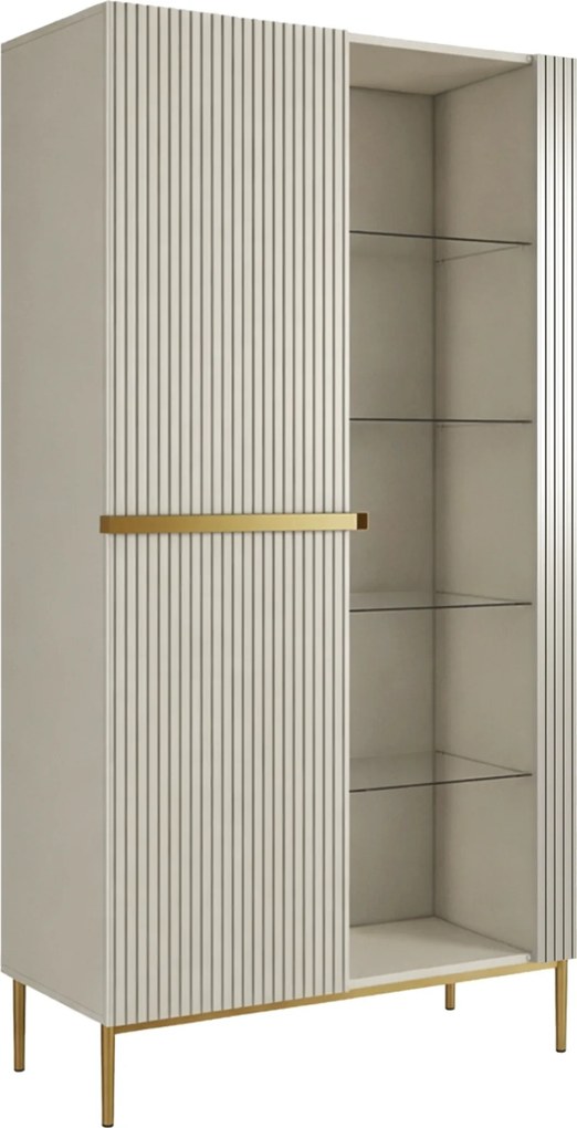 Vitrina Nicole 100 cm cu fata canelata - cashmir / picioare aurii
