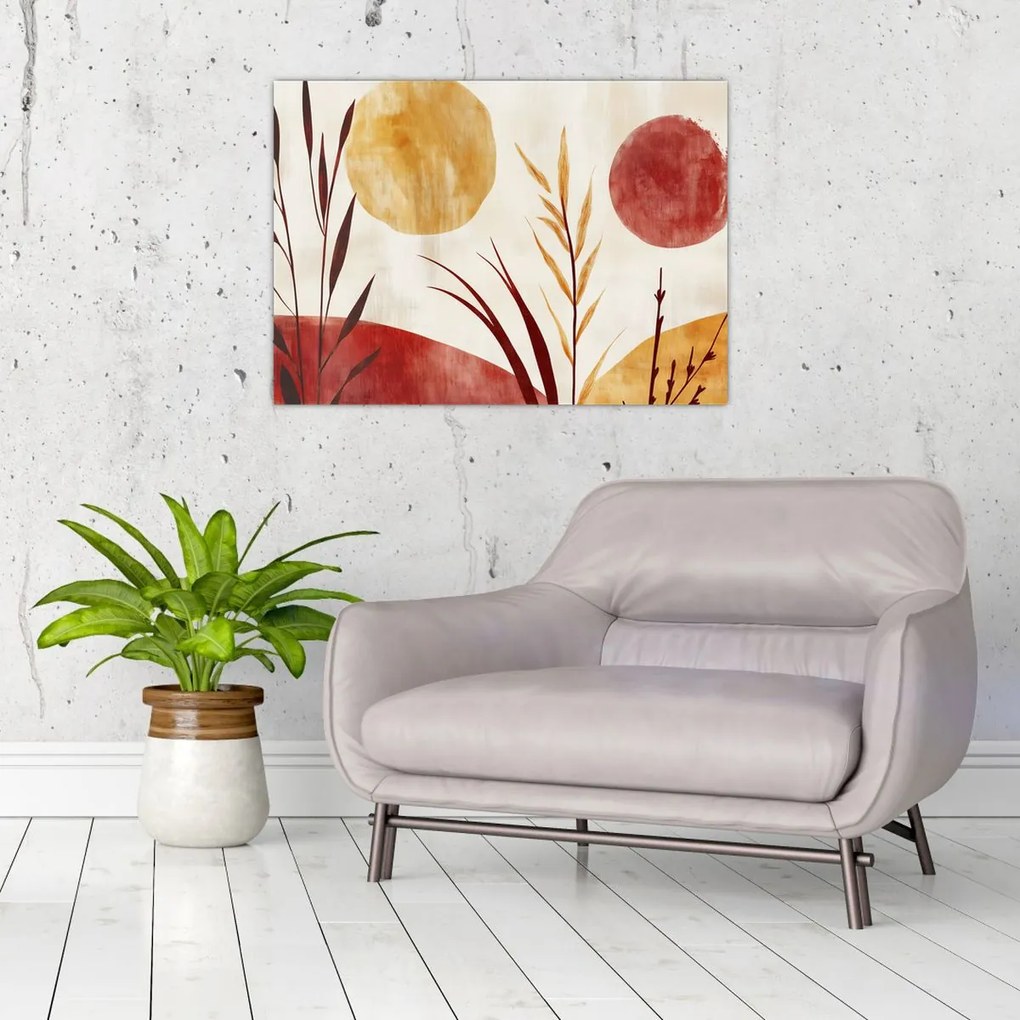 Tablou pe sticlă - Plante și cercuri (70x50 cm)