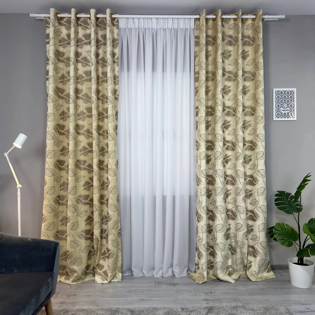 Set două Draperii (Opacitate 80%), din Catifea + Stofă premium (Model reliefat), Gata lucrate (Inele galerie), Culoare Bej + Maro, Dimensiuni draperie 160x260 cm (x2), Brand Originalio