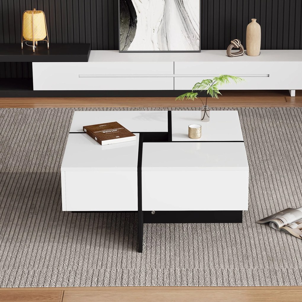 Elegantă măsuță de cafea lucioasă cu 4 sertare, compartiment de depozitare integrat, 70×70×35 cm, Alb+Negru