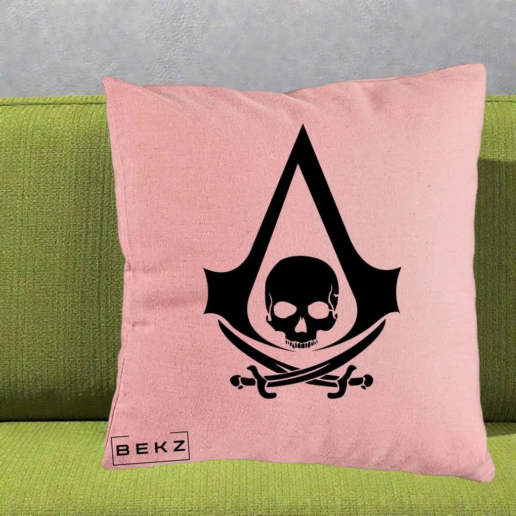 Perna Personalizata Assassin's Creed Black Flag Skull, 40x40 cm, Roz, Husa Detasabila, Perna Inclusa, BEKZ®