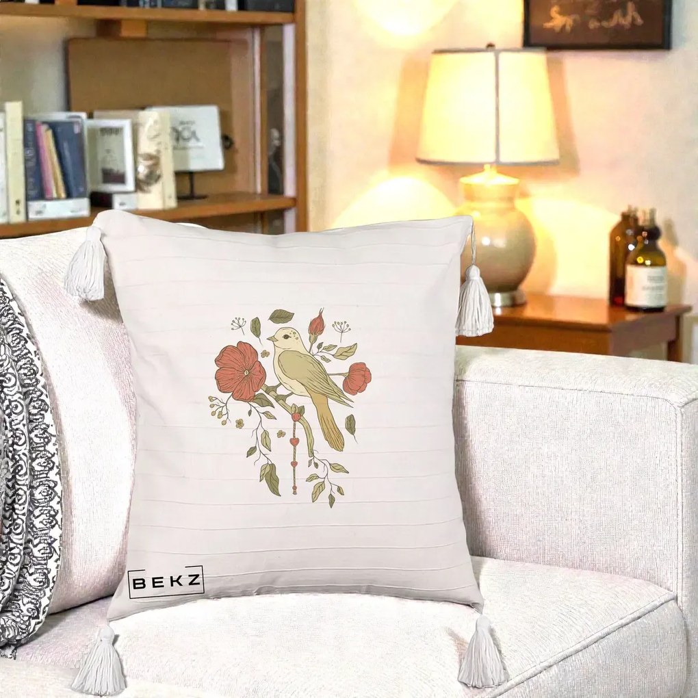 Perna Decorativa Pasare pe Ramura cu Maci, 40x40 cm, Bej cu Franjuri, Husa Detasabila, Perna Inclusa, BEKZ®