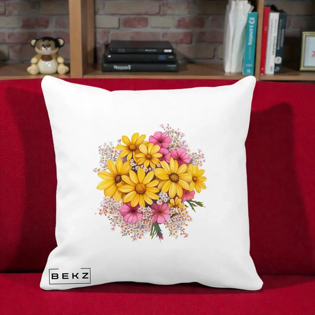 Perna Decorativa Floarea-Soarelui cu Cosmos Roz si Gypsophila, 40x40 cm, Alba Mata, Husa Detasabila, Perna Inclusa, BEKZ®
