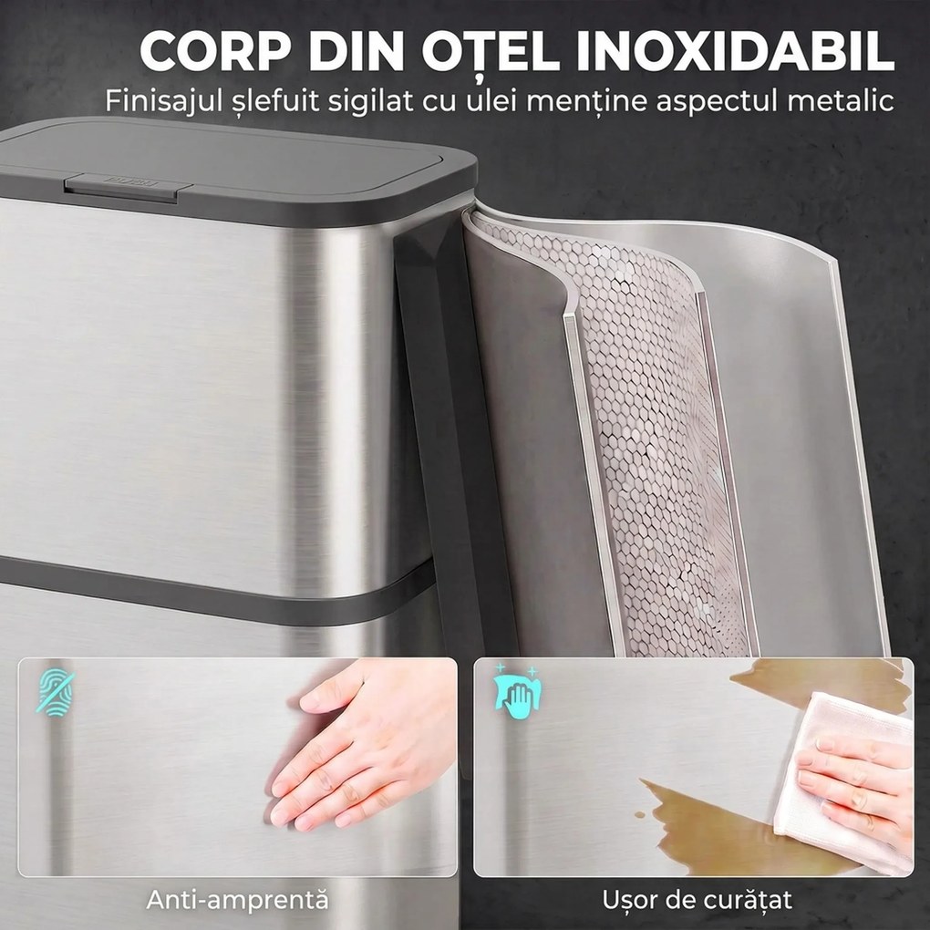 HOMCOM Coș de gunoi dreptunghiular 60L din oțel inoxidabil cu capac, închidere amortizată, fixare sac, argintiu | Aosom Romania