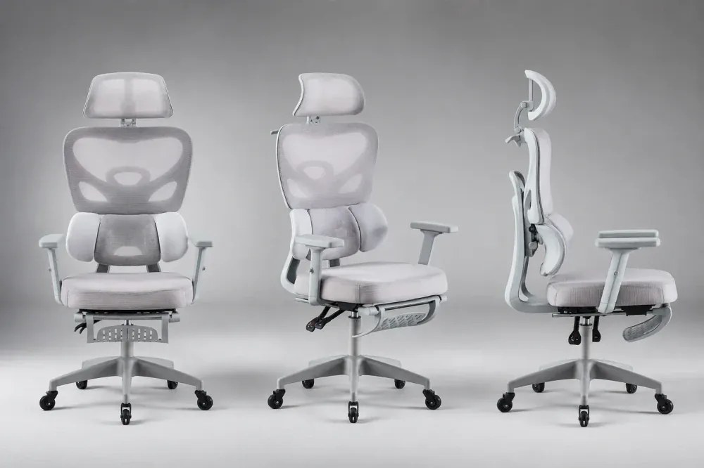 RESIGILAT- Scaun ergonomic, Suport Lombar 3 Zone Dinamice, Spătar ajustabil pe inaltime, cotiere 3D, tetiera 3D, suport pentru picioare, umeras, pivotant, Mesh, Gri