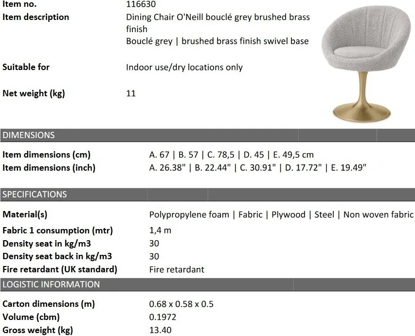 Scaun pivotant design elegant LUX O'Neill, boucle gri