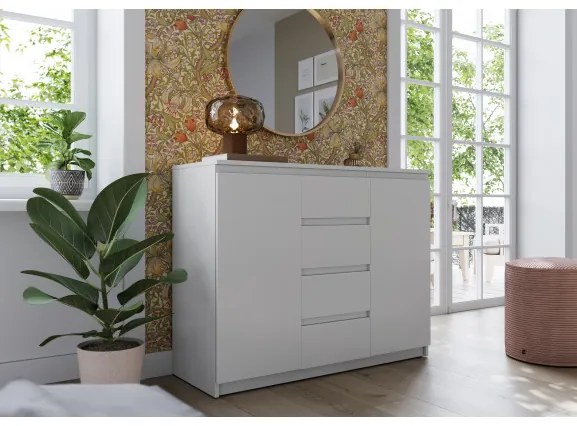 Comoda Thea, Alba, Cu 2 Usi Si 4 Sertare Spatioase, Eleganta si Functionala, 109 x 85 x 40 Cm