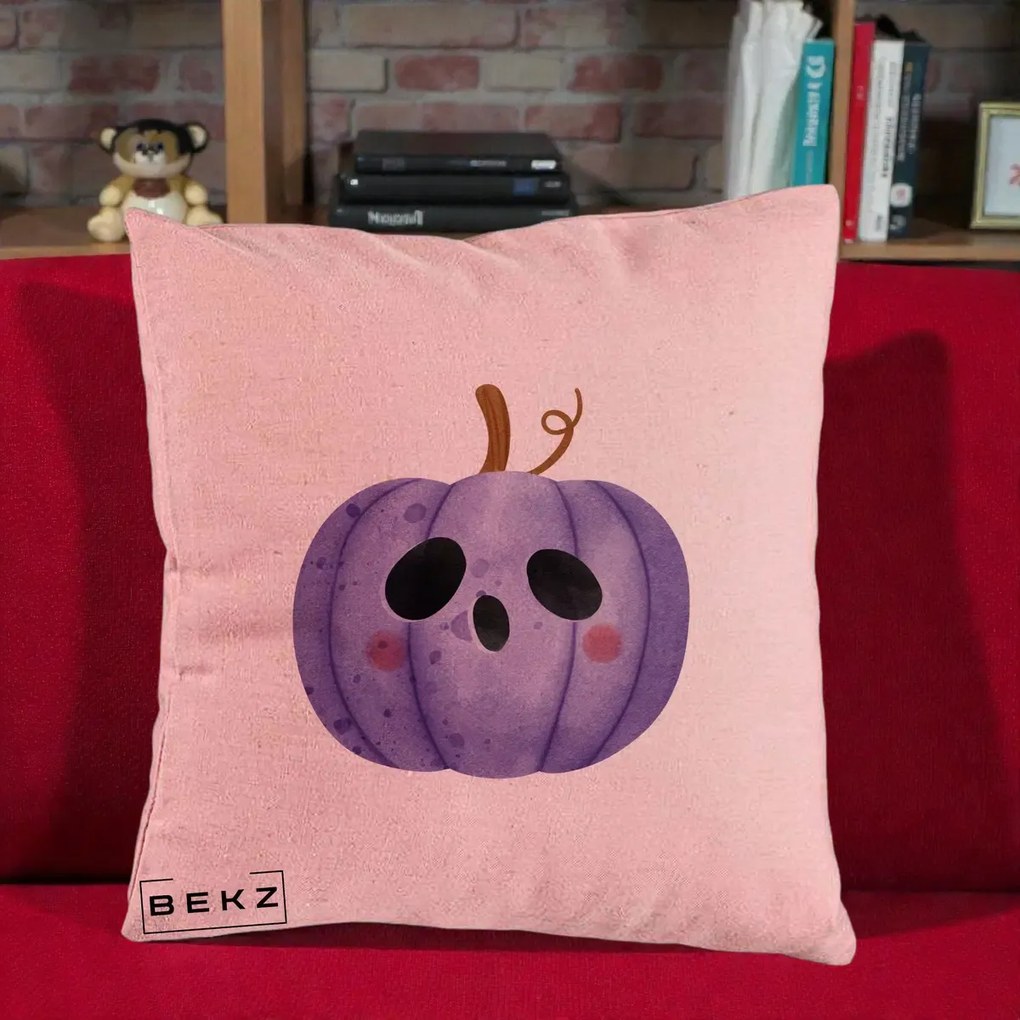 Perna Decorativa Dovleac Halloween Mov Kawaii, 40x40 cm, Roz, Husa Detasabila, Perna Inclusa, BEKZ®