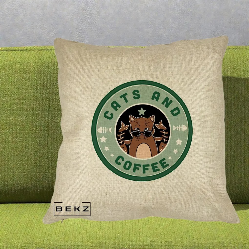 Perna Personalizata Cats and Coffee Starbucks, 40x40 cm, Crem, Husa Detasabila, Perna Inclusa, BEKZ®
