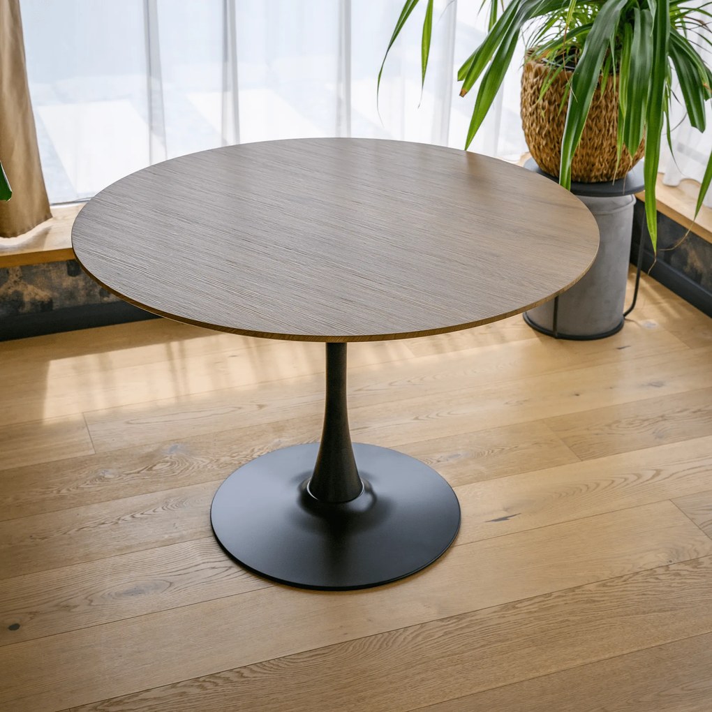 Masă de sufragerie, rotundă, stejar/negru, diametru 110 cm, REVENTON NEW