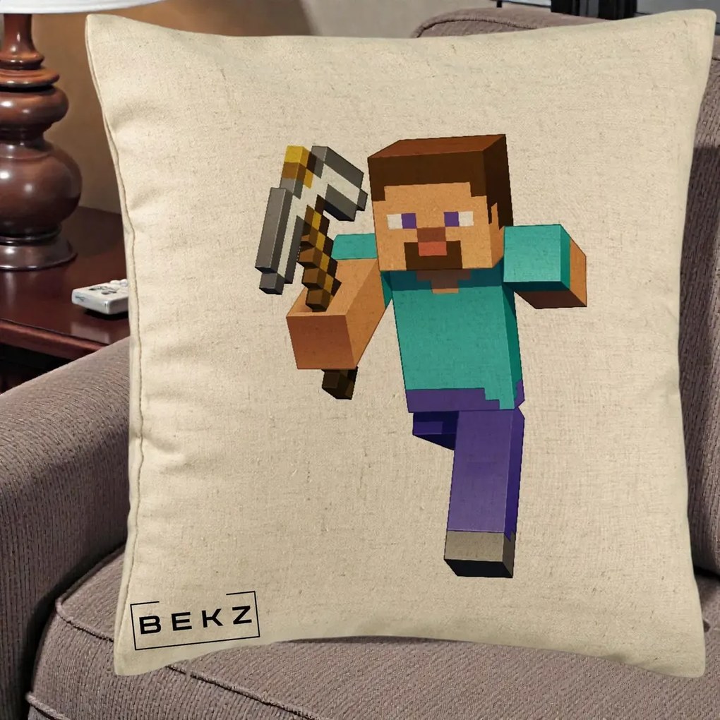Perna Personalizata Minecraft Steve, 40x40 cm, Bej, Husa Detasabila, Perna Inclusa, BEKZ®