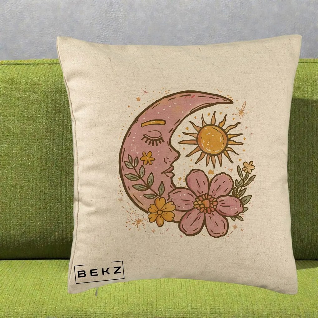Perna Personalizata Luna si Soare Floral Boho, 40x40 cm, Bej, Husa Detasabila, Perna Inclusa, BEKZ®