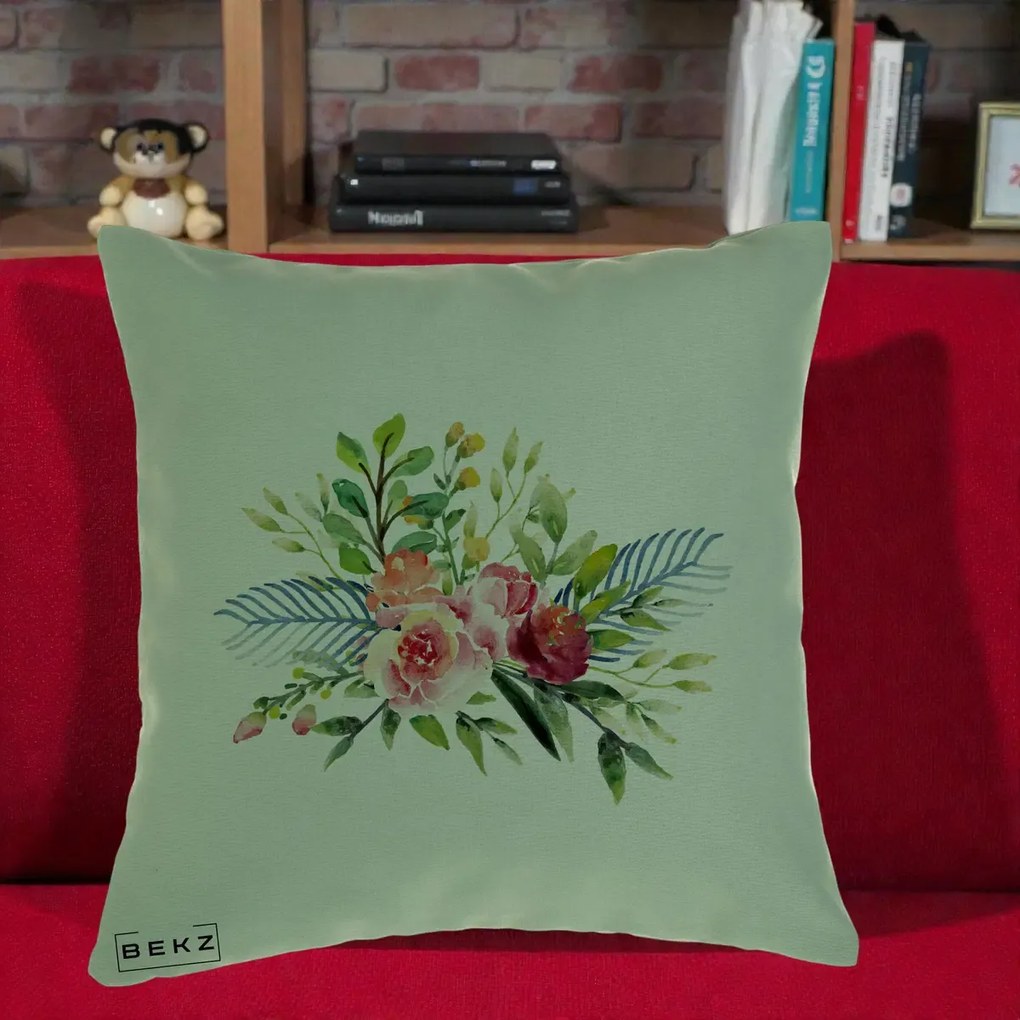 Perna Decorativa Buchet Flori Acuarela Roz-Verde, 40x40 cm, Verde, Husa Detasabila, Perna Inclusa, BEKZ®