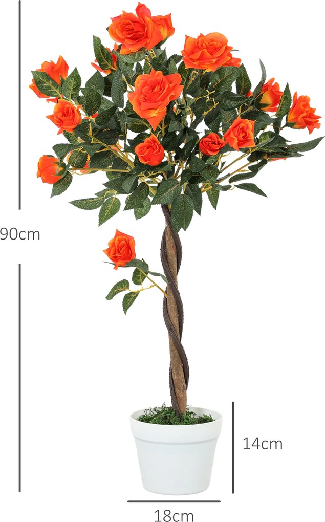 Outsunny Plantă Artificială de Trandafir cu 21 de Flori Ø18x90 cm Portocaliu cu Vas | Aosom Romania