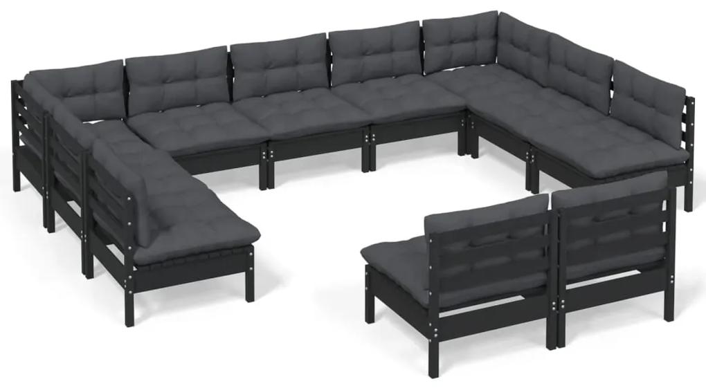 3097215 vidaXL Set mobilier grădină cu perne, 11 piese, negru, lemn masiv pin