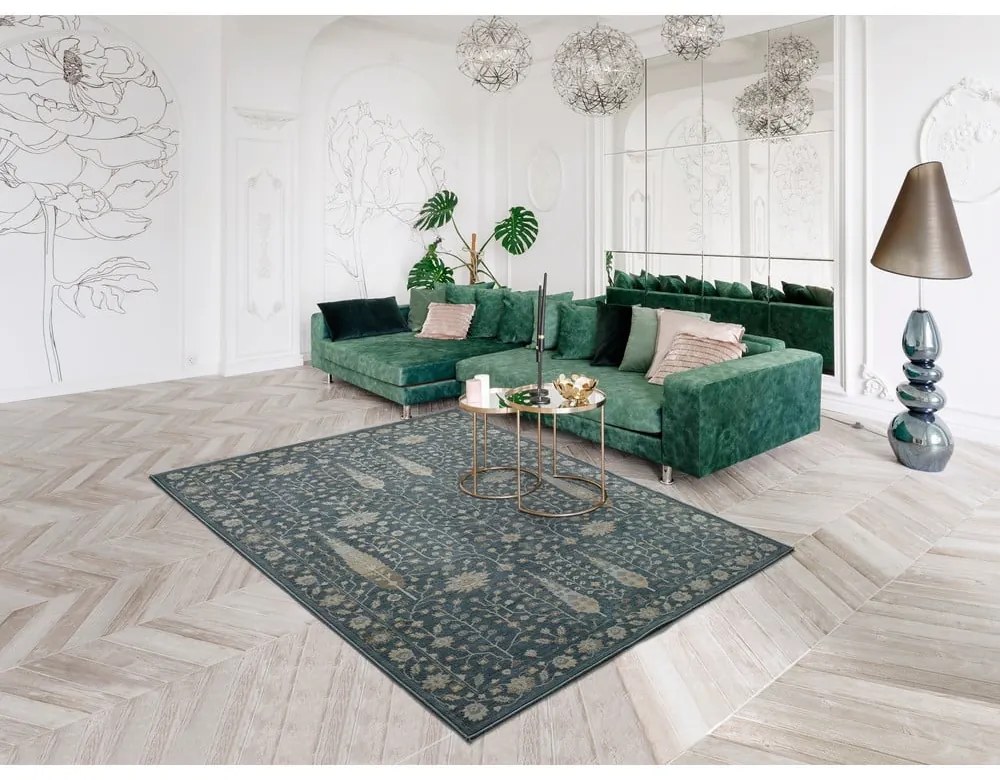 Covor din viscoză Universal Vintage Flowers, 140 x 200 cm, albastru