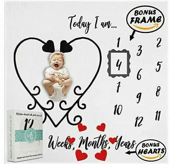Nonidoo - Paturica din bumbac organic pentru fotografii si amintiri nou nascuti si bebelusi Milestone Blanket, model Inimioare