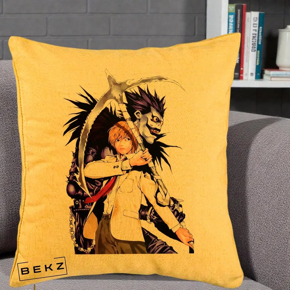 Perna Personalizata Death Note Light si Ryuk Duo, 40x40 cm, Galben, Husa Detasabila, Perna Inclusa, BEKZ®