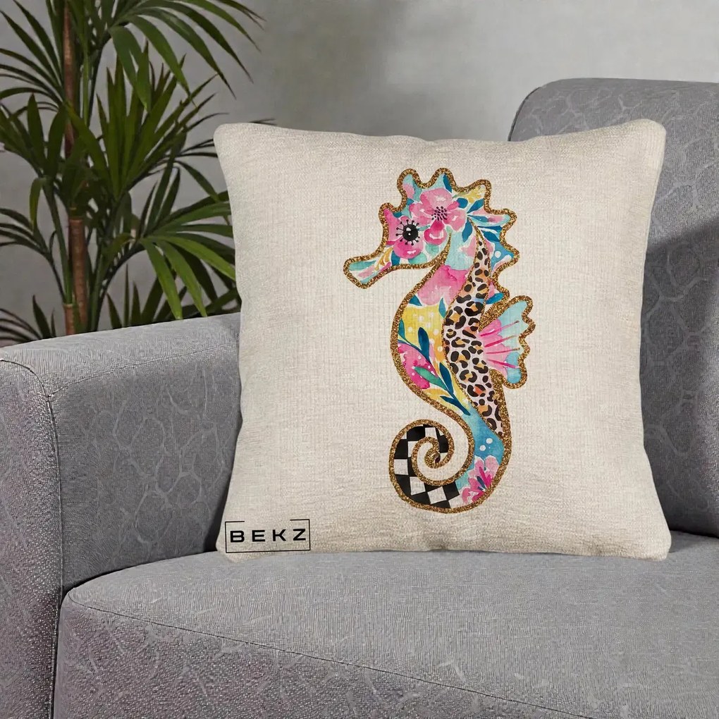 Perna Decorativa Calut de Mare Glitter Tropical, 40x40 cm, Bej Canapea, Husa Detasabila, Perna Inclusa, BEKZ®